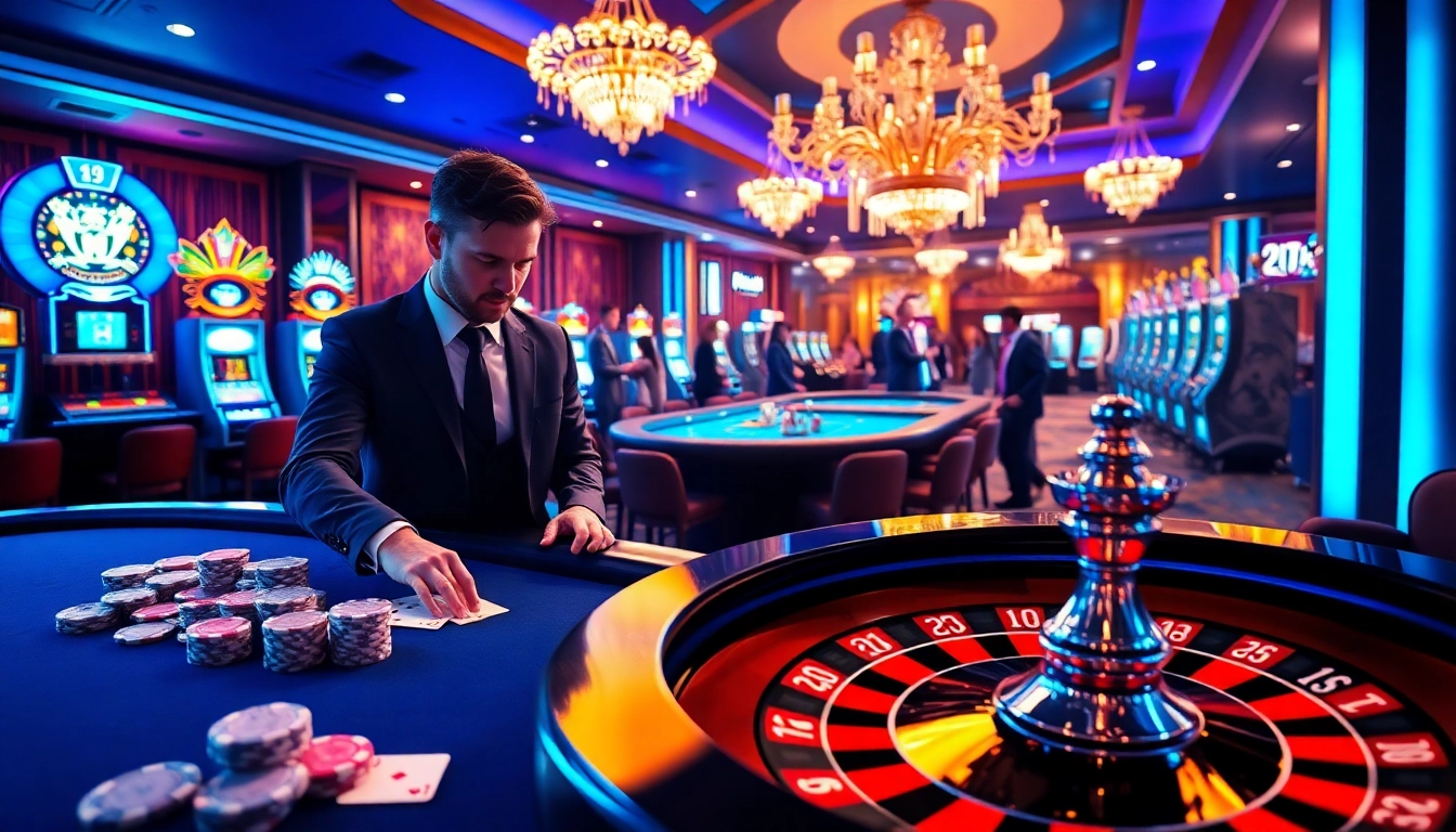 Experience the thrill of ph365 blue edition at a luxurious casino with vibrant gaming elements.