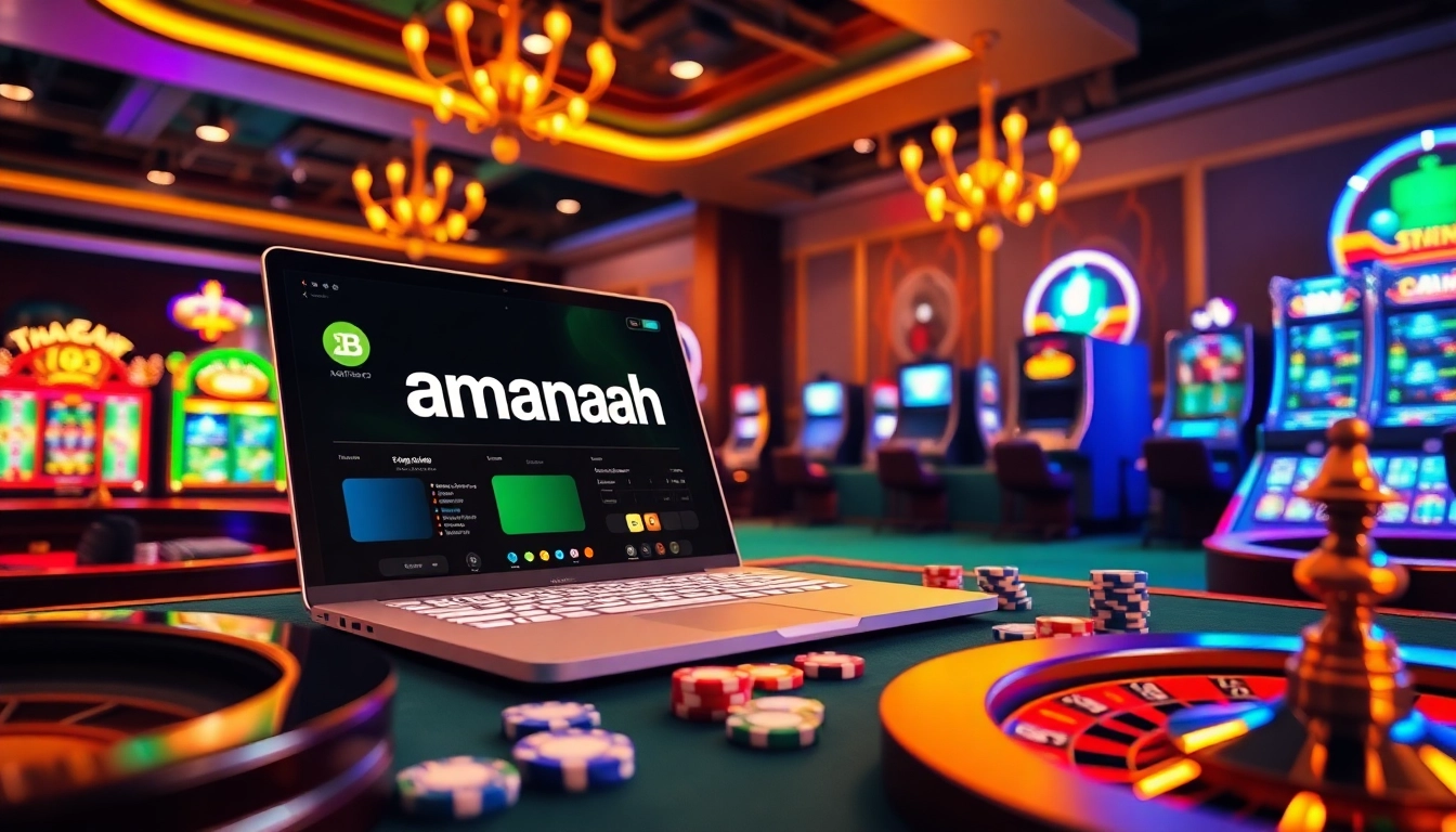 Experience the excitement of amanahtoto online gaming with vibrant casino visuals featuring slots and poker elements.