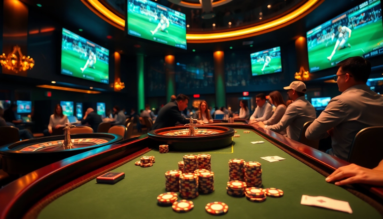 Exciting scene of แทงบอลโลก betting with enthusiastic gamblers at a luxury casino table.
