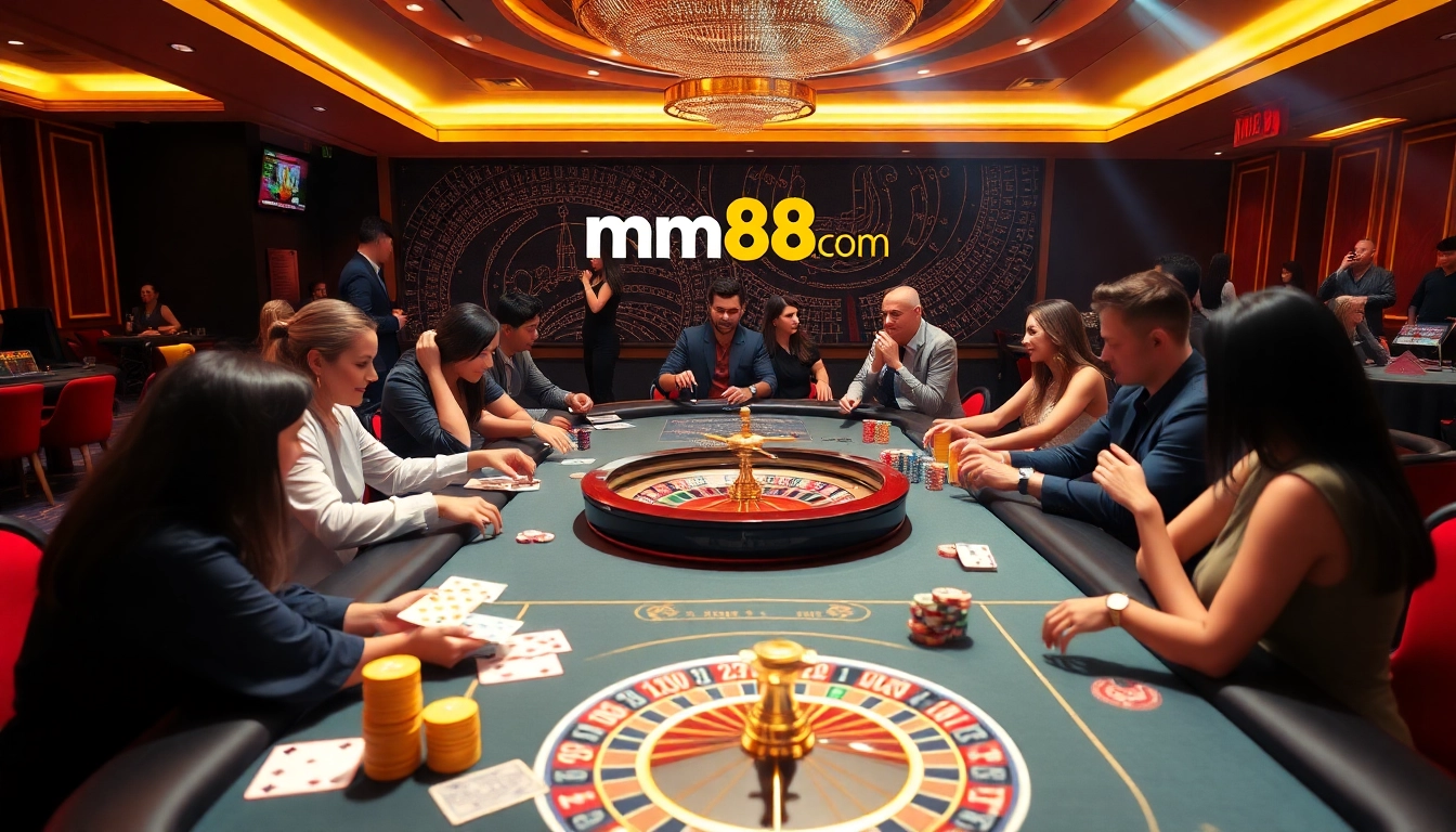 Players enjoying a thrilling game at a luxurious casino, featuring mm88 com betting elements.