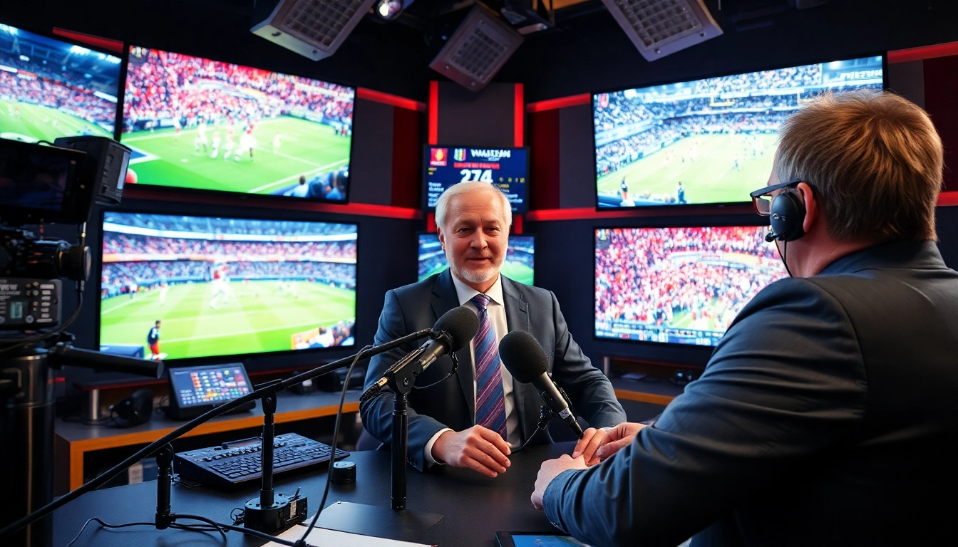 Engaging host in a professional sports broadcasting studio with vibrant sports highlights.