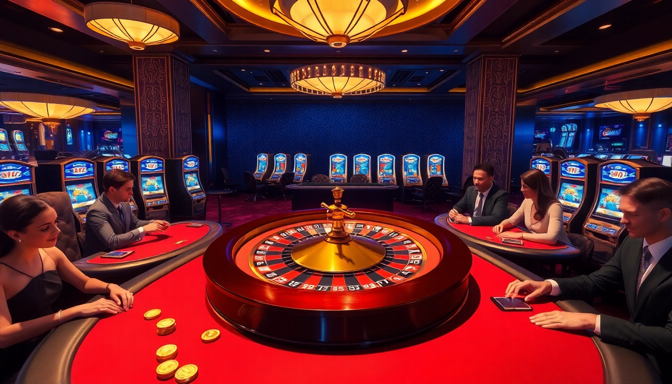 Engage in thrilling B52-themed gameplay at a luxurious casino with vibrant roulette and poker tables.
