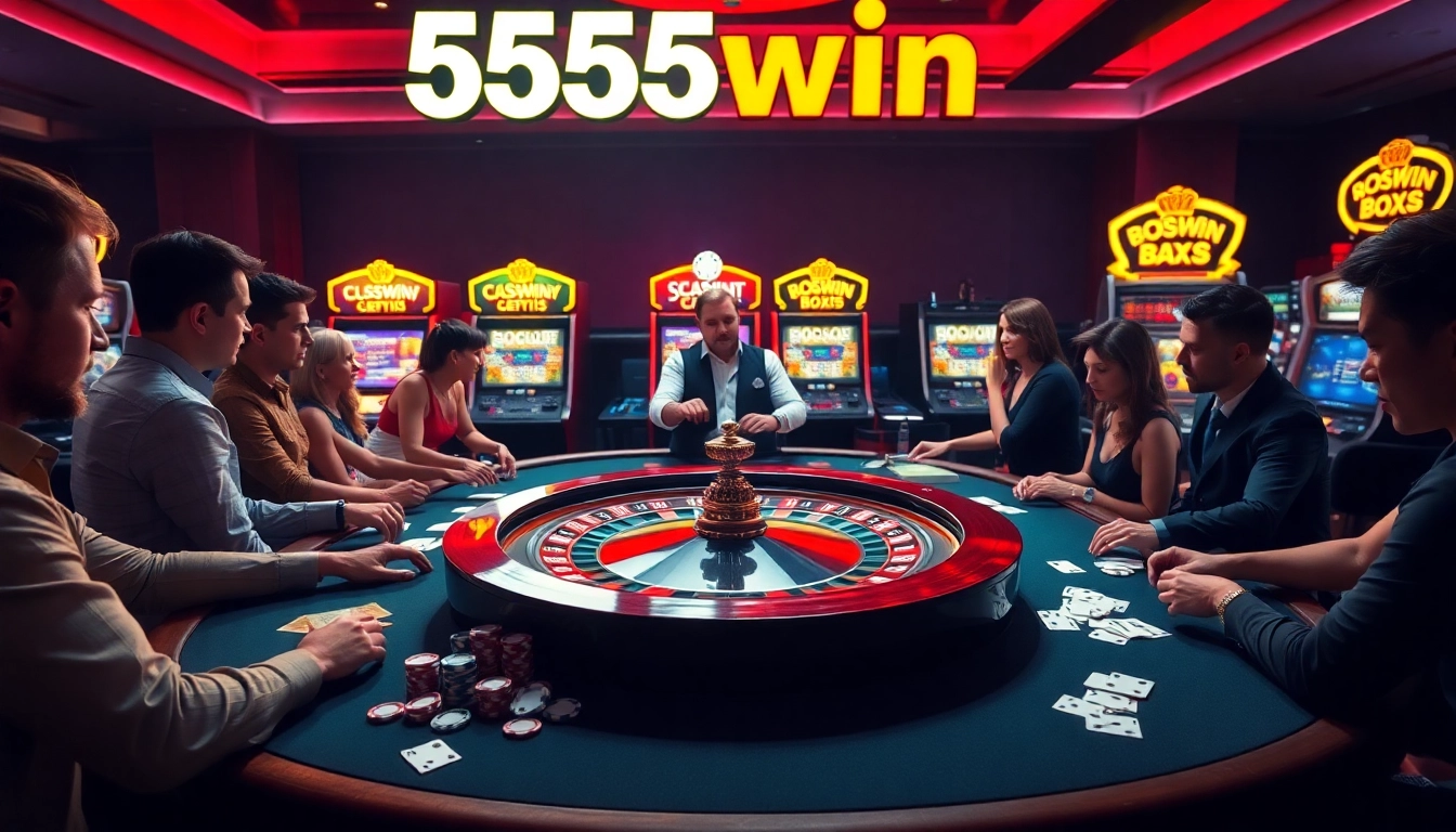 Players enjoying a thrilling game at the 555win casino, surrounded by vibrant slot machines and roulette tables.