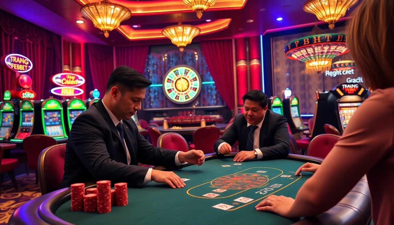 Experience the thrill of TRANG CHỦ FEBET at a luxurious poker table surrounded by vibrant casino action.