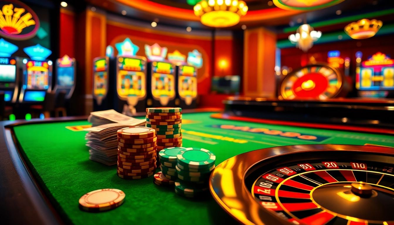 Experience the thrill of winning at rajaluck with a vibrant casino atmosphere featuring dynamic slot machines and poker elements.