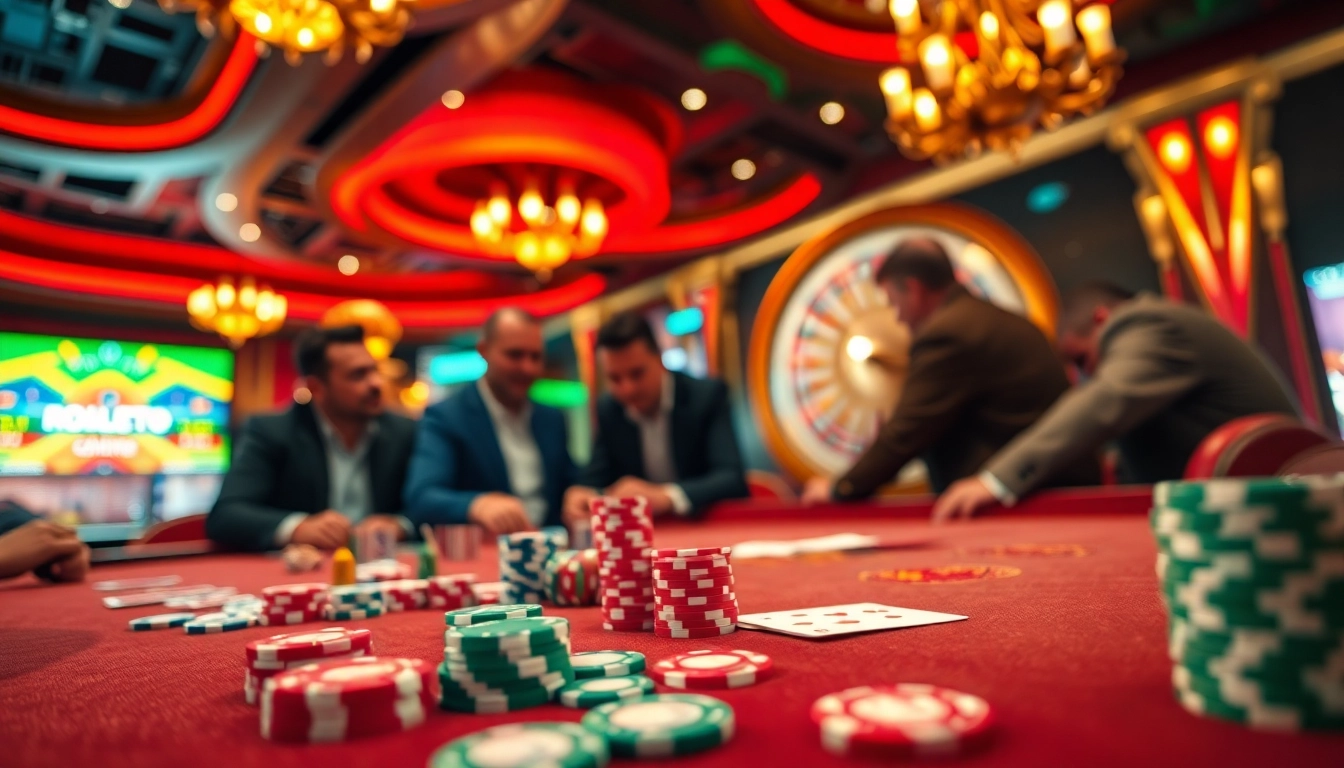 Engaged players at a luxurious casino table featuring GemBet chips in a vibrant setting.