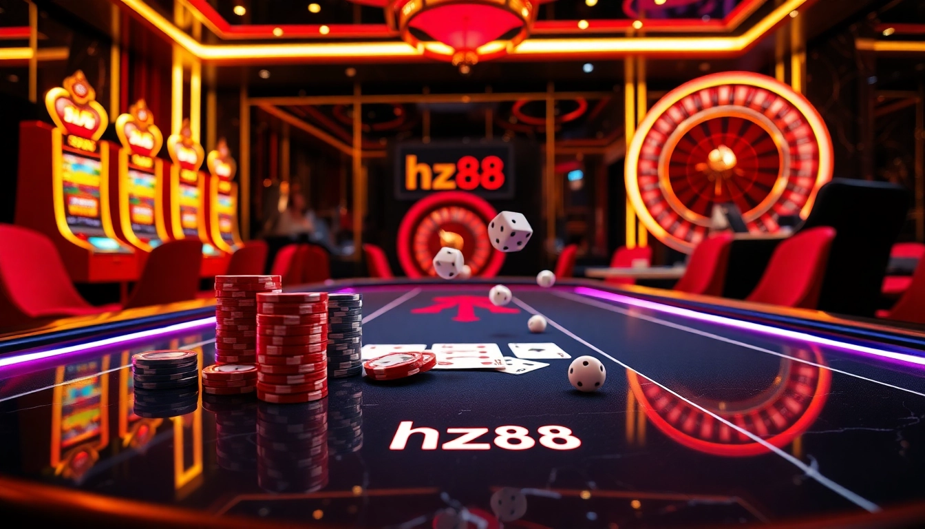 hz88 casino chips stacked with cards and dice rolling in a professional gambling setting