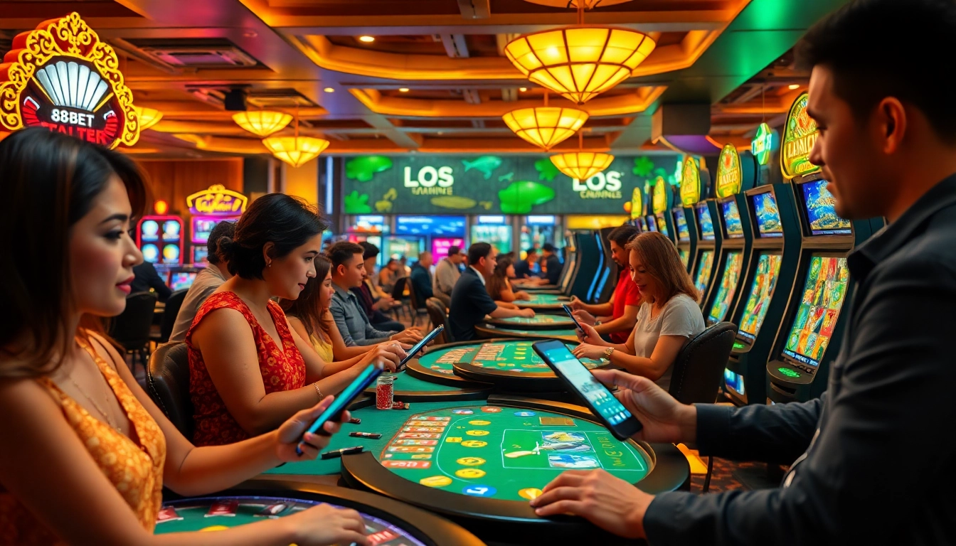 Players enjoying diverse games at F8BET online gaming platform, showcasing vibrant casino atmosphere.