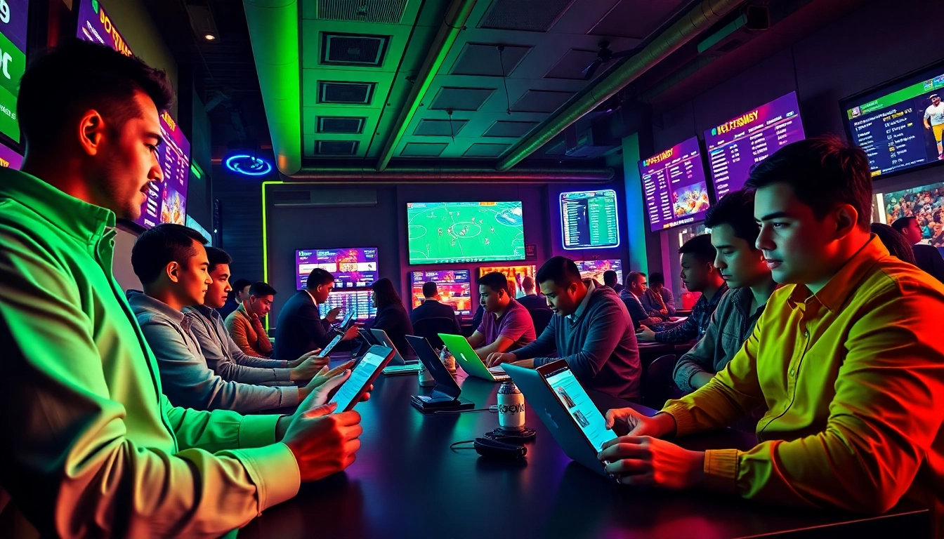Dynamic sports betting scene highlighting https://f8bet.io/ with players engaged in online gambling activities.