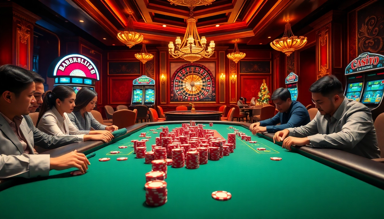 A vibrant poker table scene at https://33win5.it.com/ showcasing players, chips, and a roulette wheel in a luxurious casino setting.