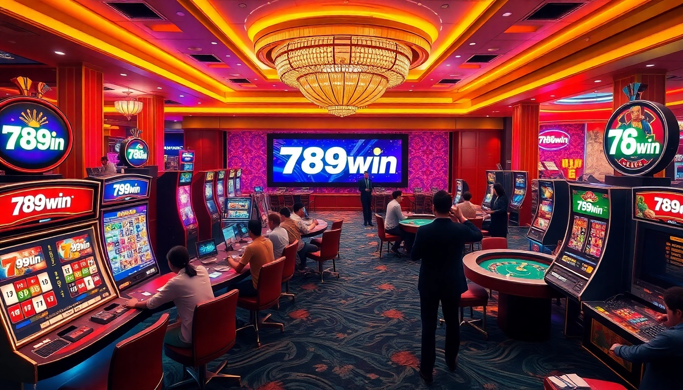 Players winning big at 789win's stunning online casino tables with vibrant slot machines.