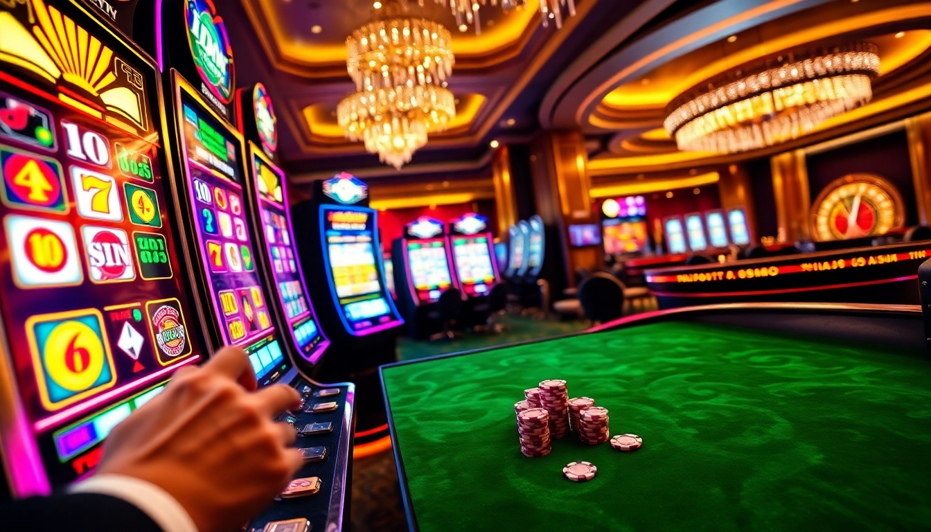 Engaging scene of a player preparing to pull the lever on an idn slot machine in a luxurious casino.