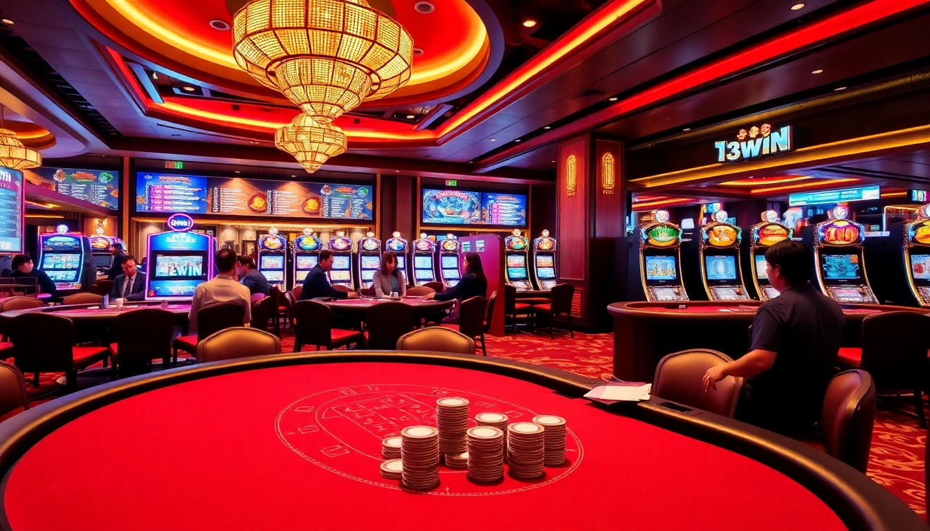Experience the thrill of 13win nhà cái with players at a poker table and vibrant slot machines.