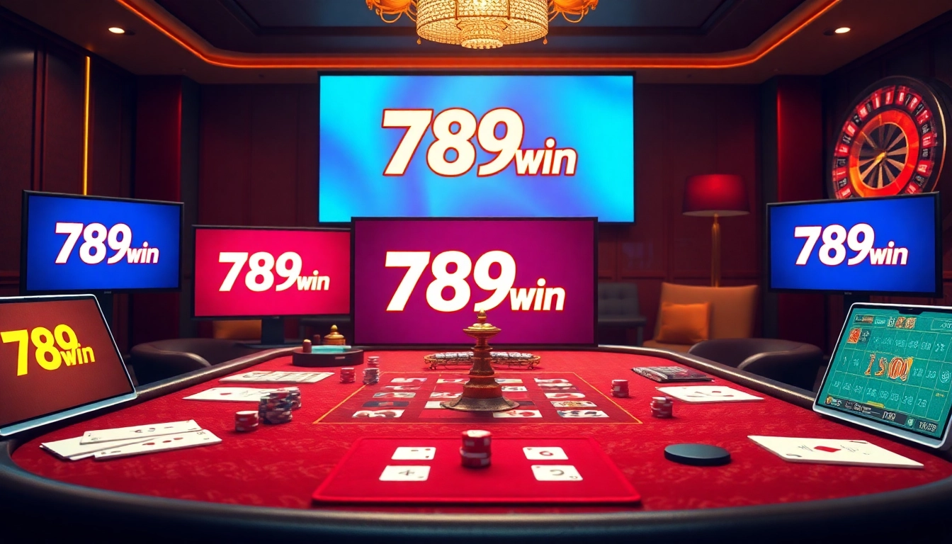 Engaging online gambling scene featuring 789win logo with casino elements and excitement.