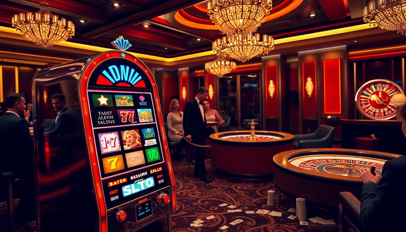 Engaging scene of players interacting with a vibrant idn slot machine in a luxurious casino.