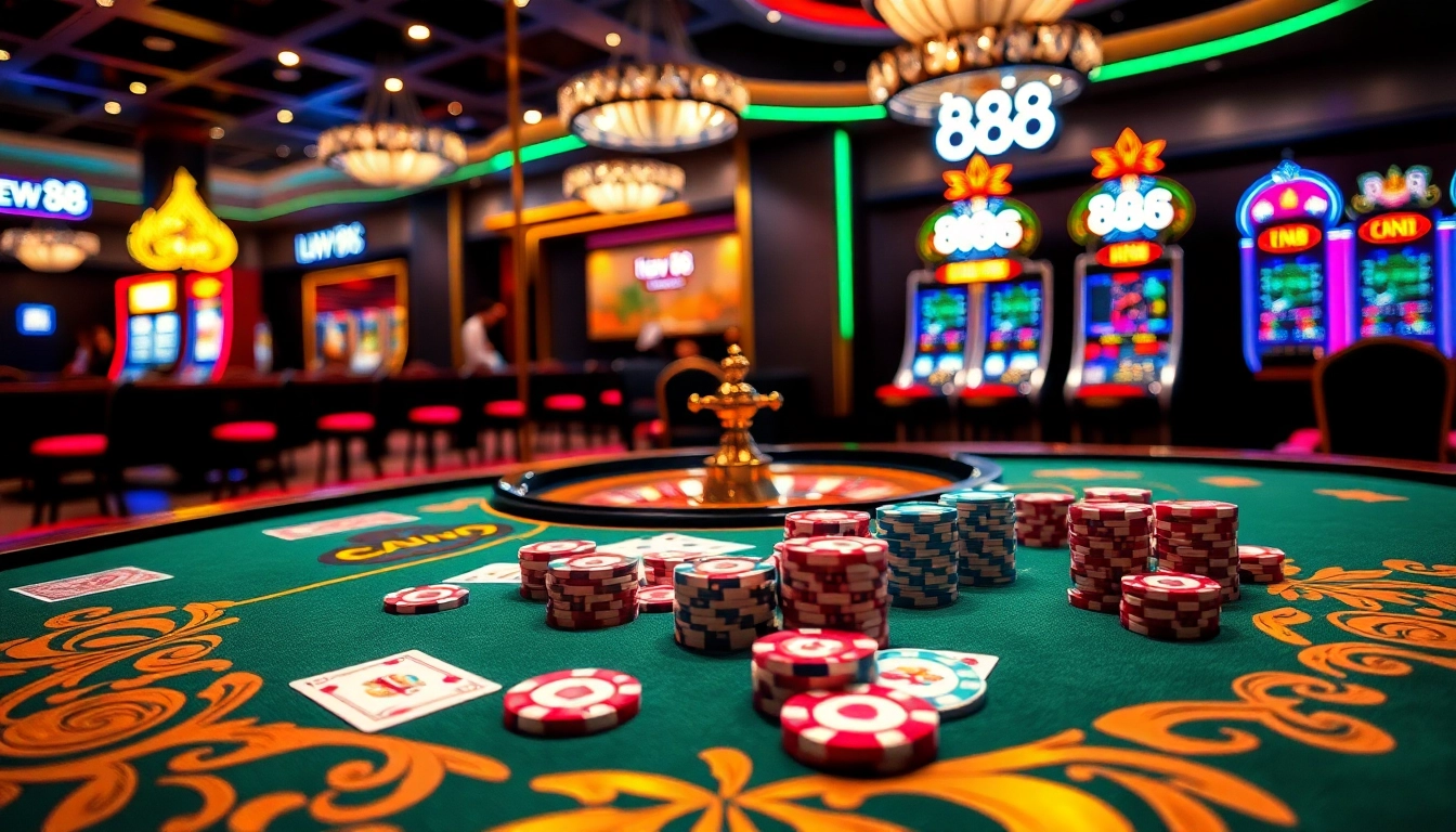Engaging scene of New 88 poker action with vibrant cards and chips at a luxurious casino